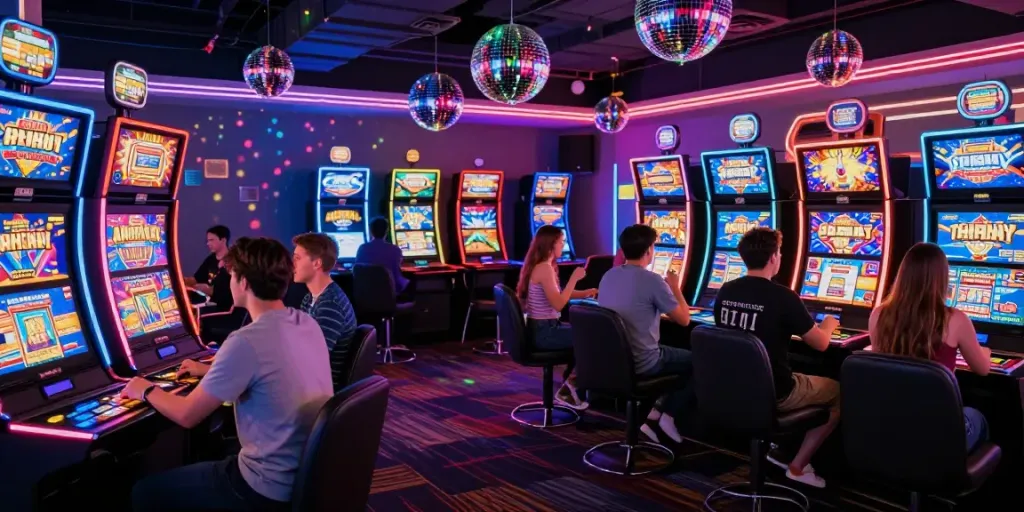 Ambiance festive du DiscoWin casino avec joueurs heureux, machines à sous et lumières néon