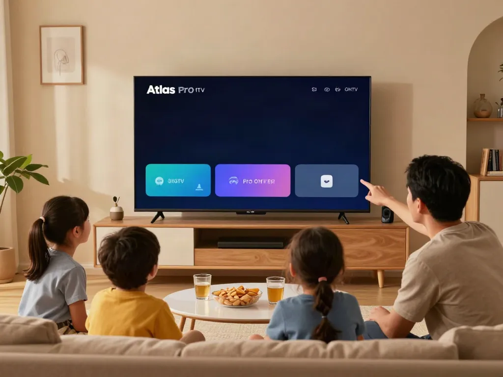 Famille savourant l'application Atlas Pro ONTV dans un salon chaleureux avec télévision intelligente.