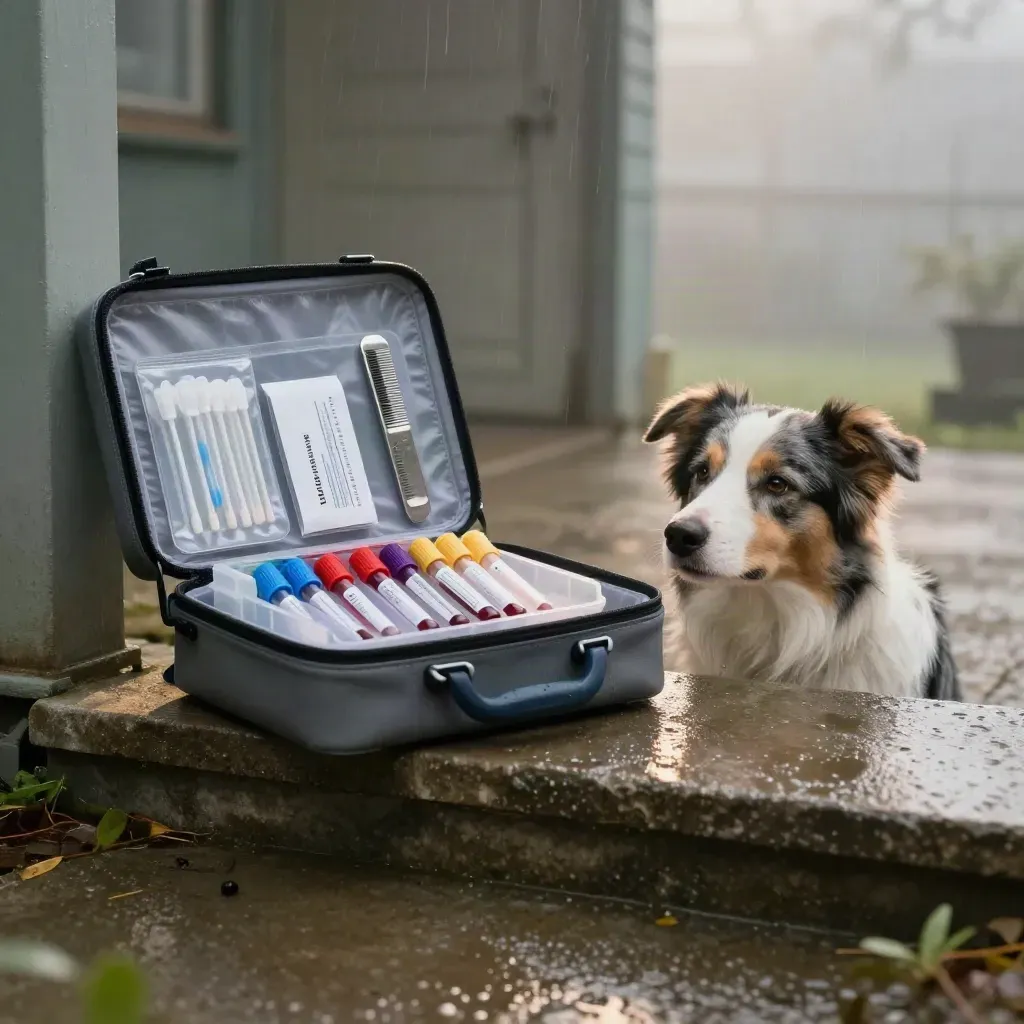 Kit vétérinaire ouvert, border collie calme et tubes de prélèvement sur sol mouillé.