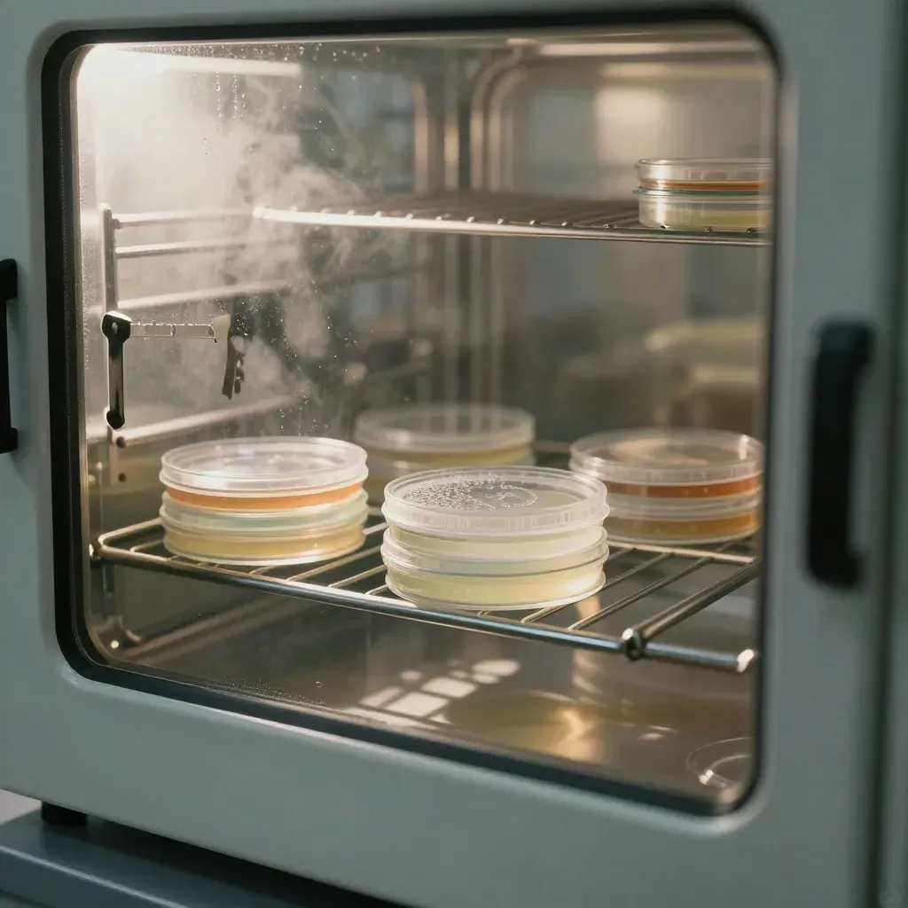 Boîtes de Petri et écouvillons dans un incubateur de microbiologie clinique.