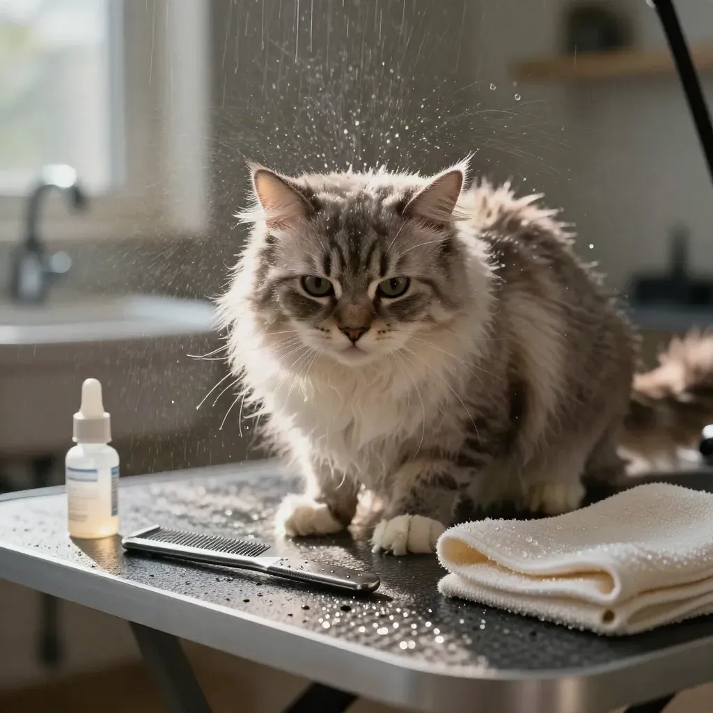 Chat à poil long secouant son pelage sur une table de toilettage, près d’un peigne et d’un flacon.