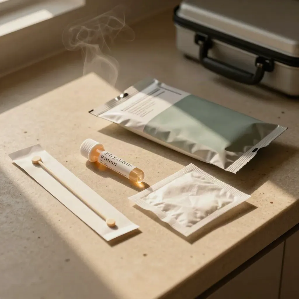 Kit de prélèvement maison ouvert sur un plan de cuisine en pierre, prêt à être expédié.