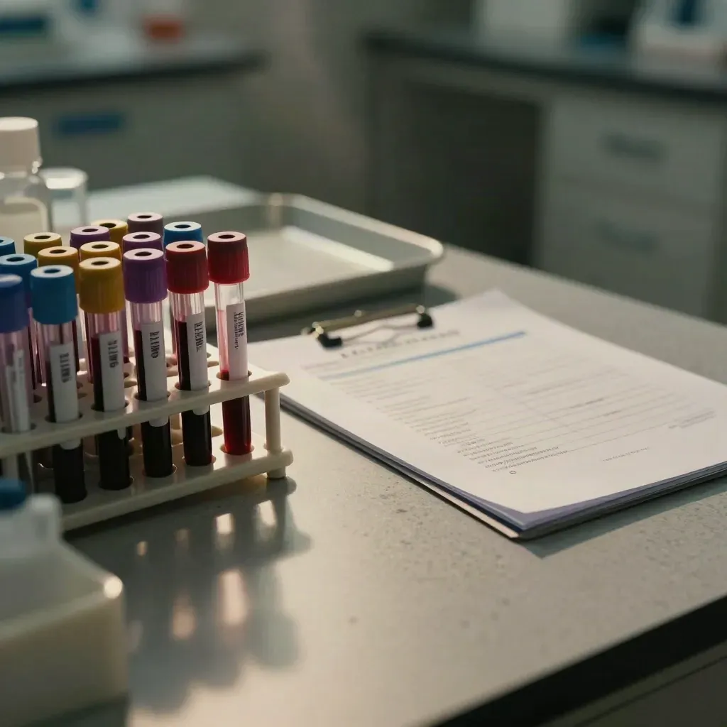 Tubes sanguins, dossier de résultats retourné et plateau de lecture en lumière de labo.