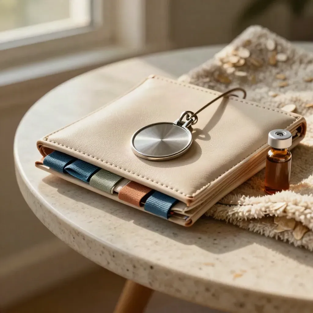 Pochette de carnet vaccinal, médaille et flacon sur travertin, près d’une couverture de chiot.