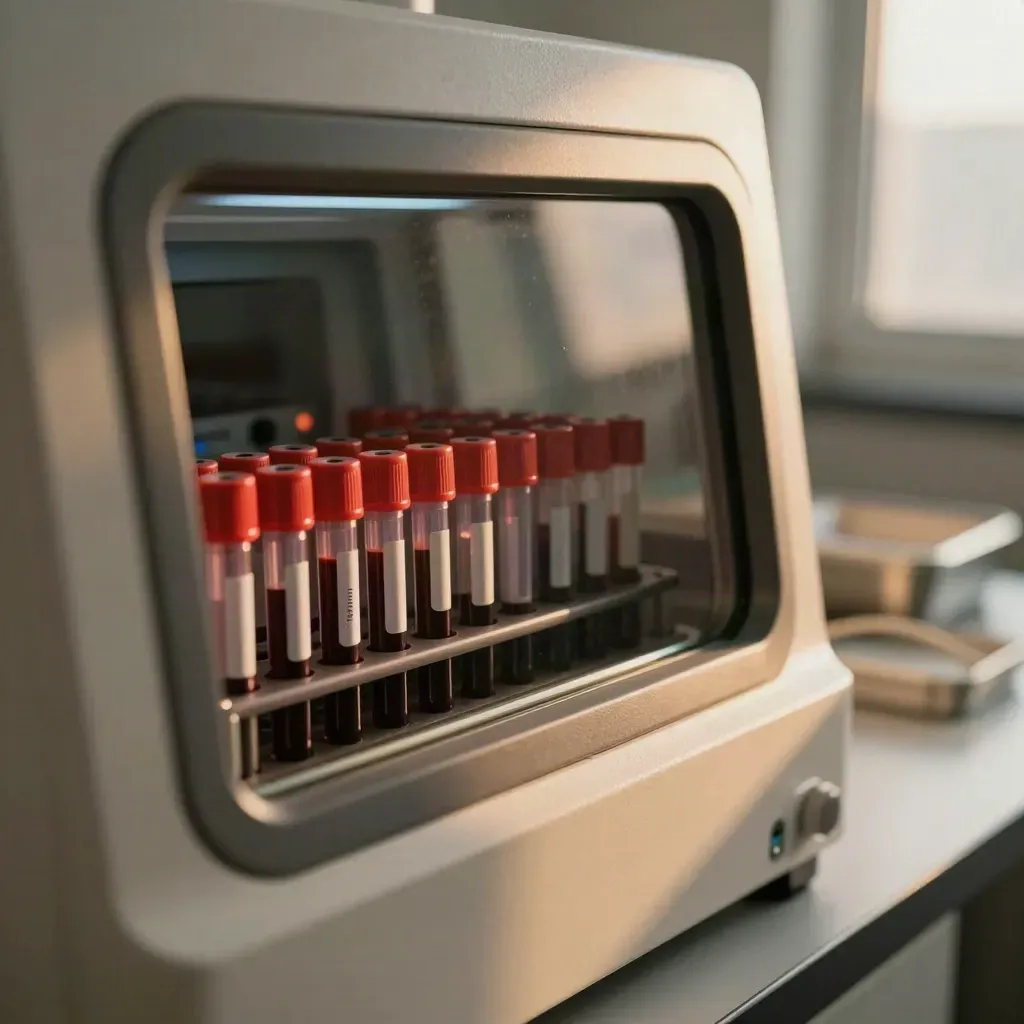 Analyseur vétérinaire, tubes de sang en file et lumière chaude de fin d’après-midi.