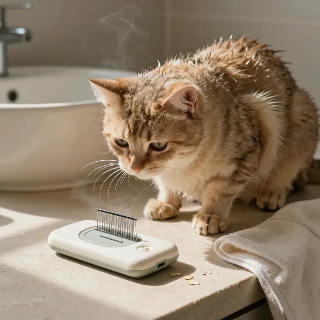 Chat brossé, peigne à puces et cassette de dépistage sur un plan de travail humide.