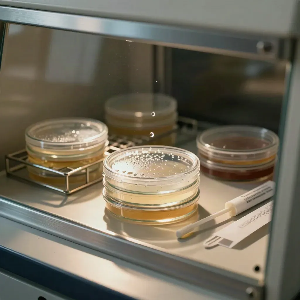 Boîtes de Petri, embouts d’écouvillon et rack de culture sous hotte de microbiologie