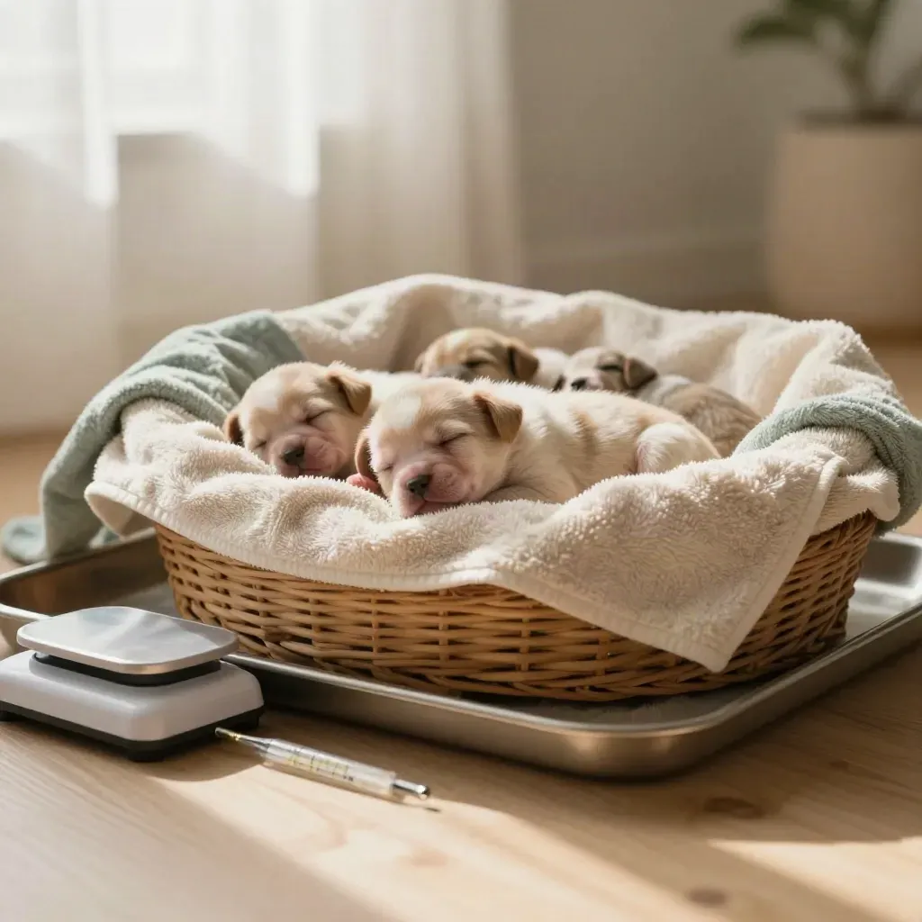 Une portée de chiots dort contre une serviette près d’une balance et d’un thermomètre vétérinaire.