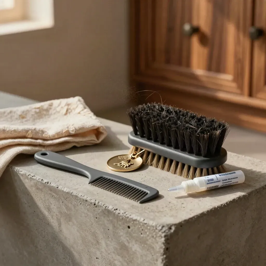 Peigne à tiques, brosse de toilettage et médaille de collier sur une dalle en béton