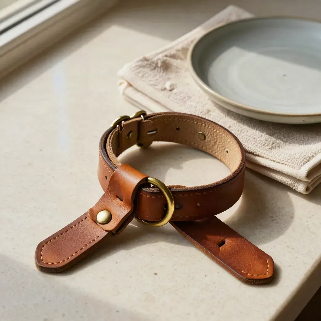 Collier pour chien en cuir patiné, serviette pliée et coupelle en céramique sur travertin.