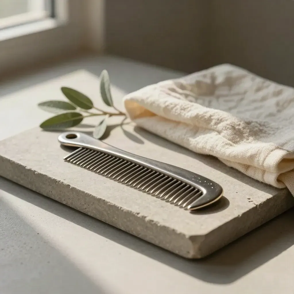Peigne à puces métallique, brin de plante et tissu crème sur plateau de pierre.
