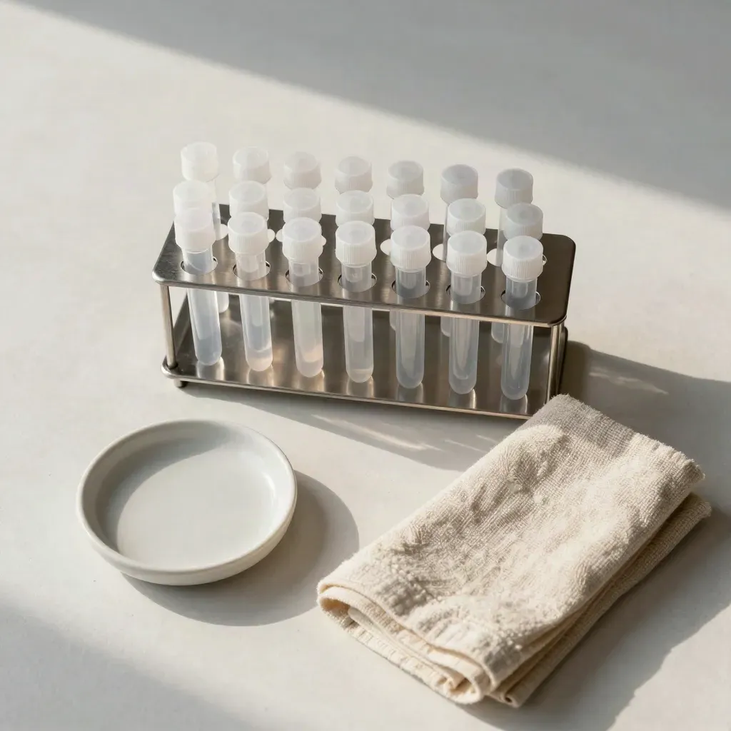 Rack de tubes stériles, coupelle en céramique et serviette pliée sur fond blanc cassé.