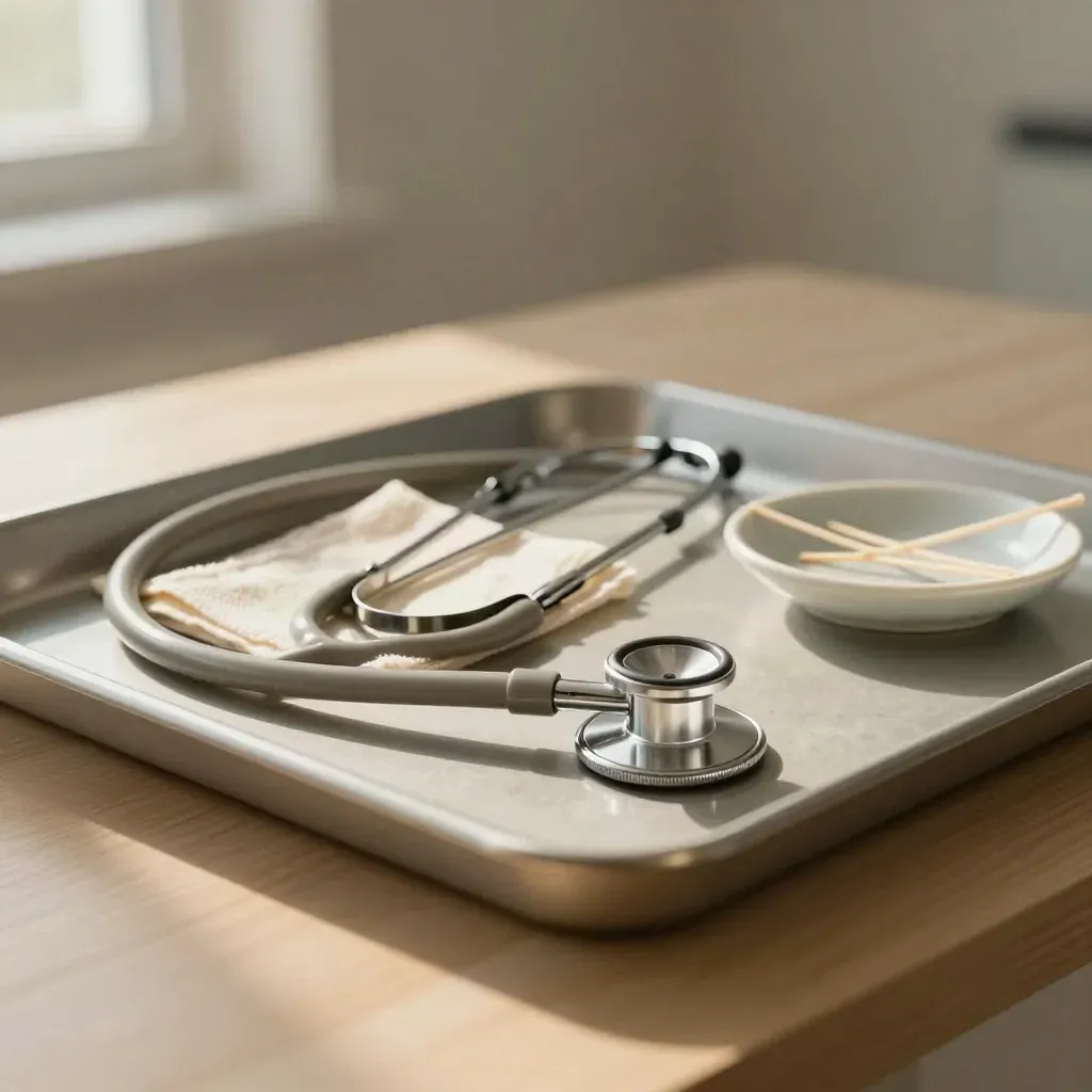 Stéthoscope vétérinaire enroulé, plateau propre, tissu crème et coupelle en céramique sur bois pâle.