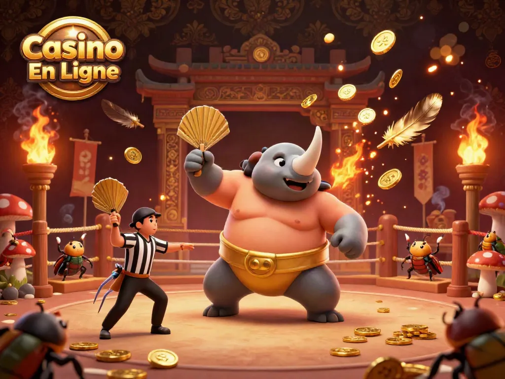 Le champion rhinocéros sumo dans la salle de combat Casino En Ligne avec des pièces d'or volantes.